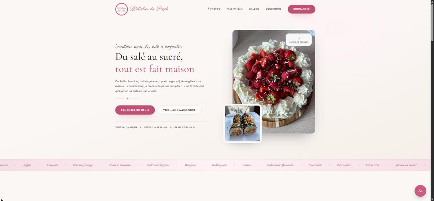 Page d’accueil de latelierdesteph.be : le titre « Du salé au sucré, tout est fait maison » à gauche, une photo de gâteau aux fruits rouges à droite.