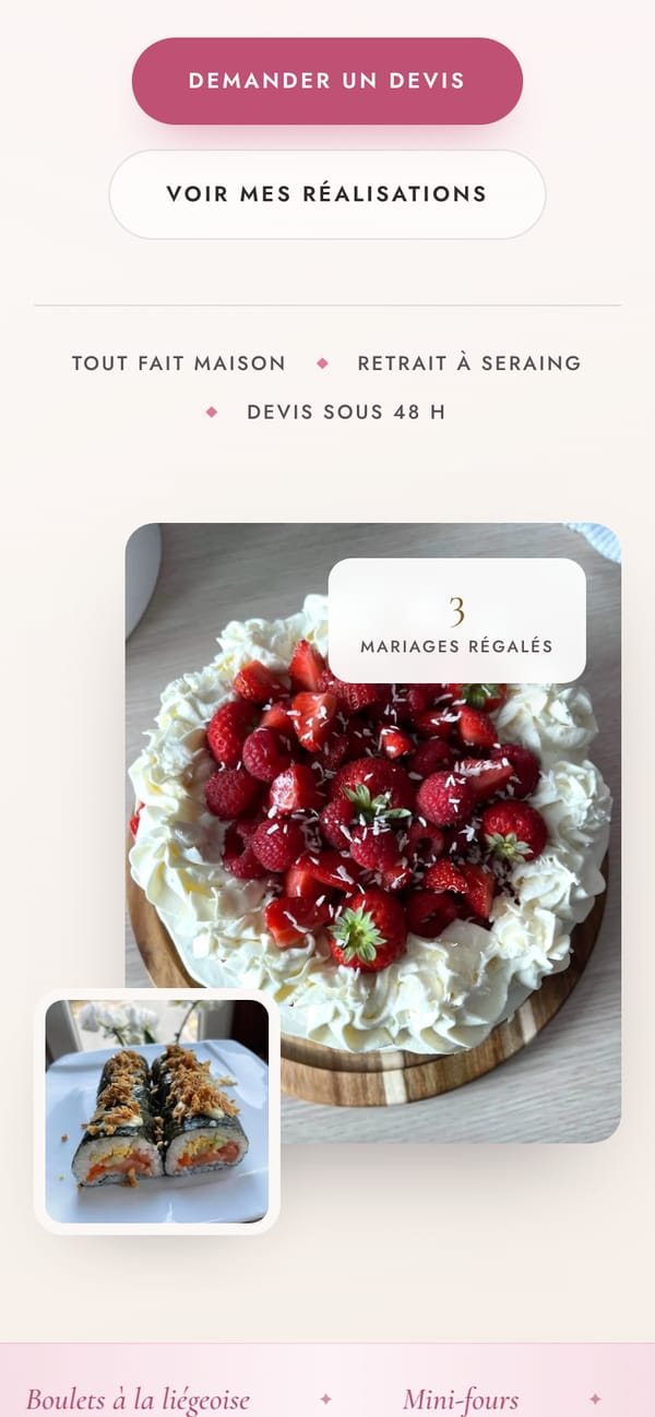 The same site’s home page on a phone, with a photo of a strawberry pavlova.